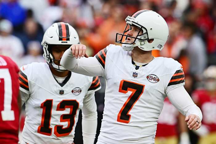 Oct 15, 2023; Cleveland, Ohio, USA; Cleveland Browns place kicker Dustin Hopkins (7) kicks a field goal during the second half against the San Francisco 49ers at Cleveland Browns Stadium.